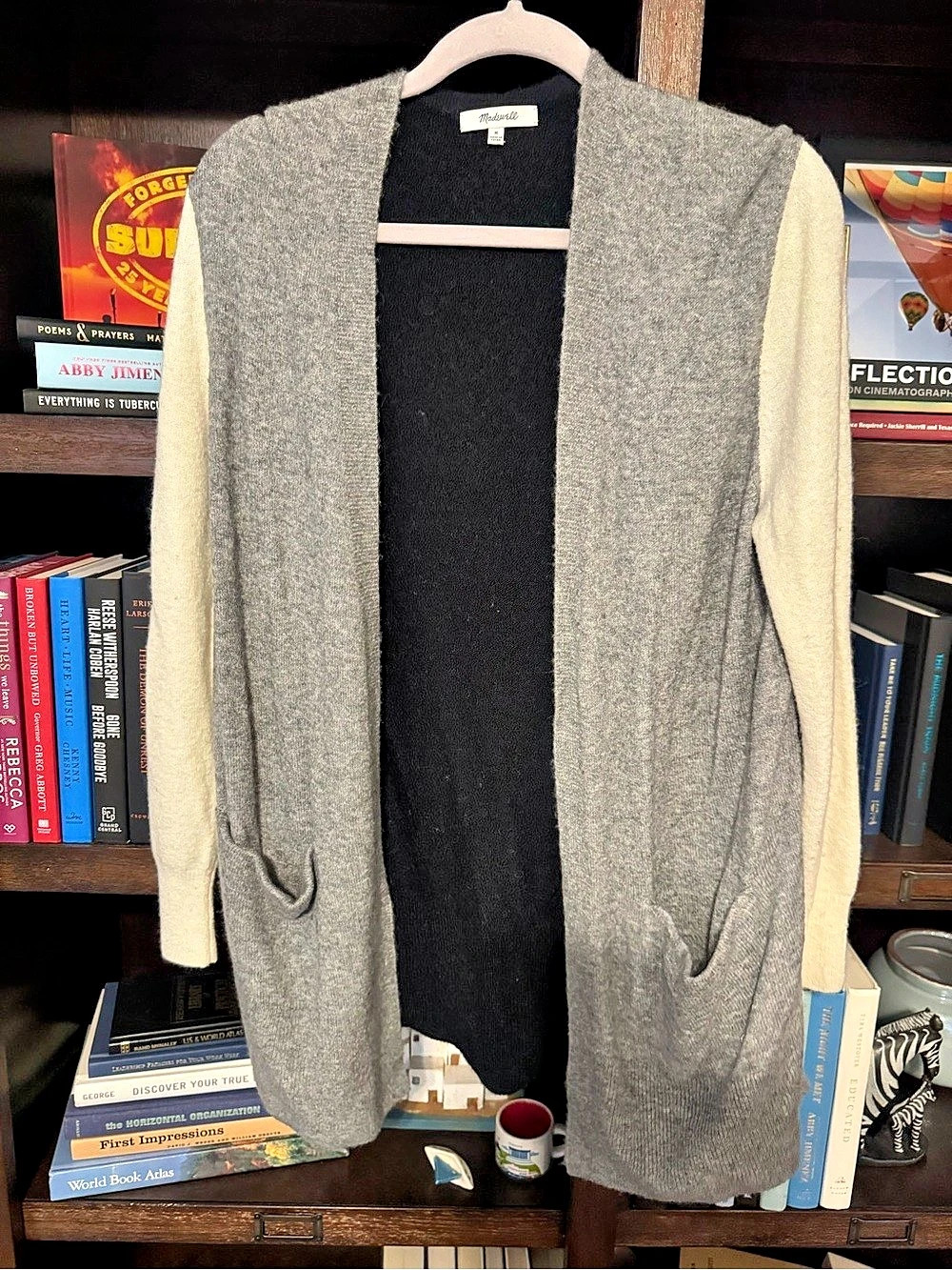 Madewell Color Block Open Front Cardigan in Gray & Black Size Medium